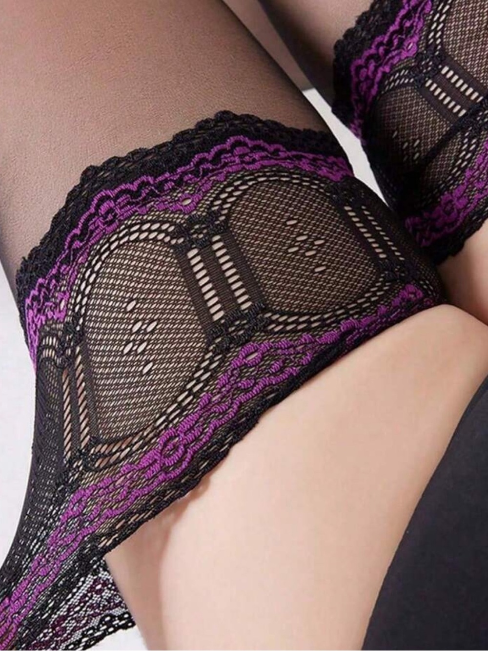 Women's Black & Purple Lace Thigh-High Stockings